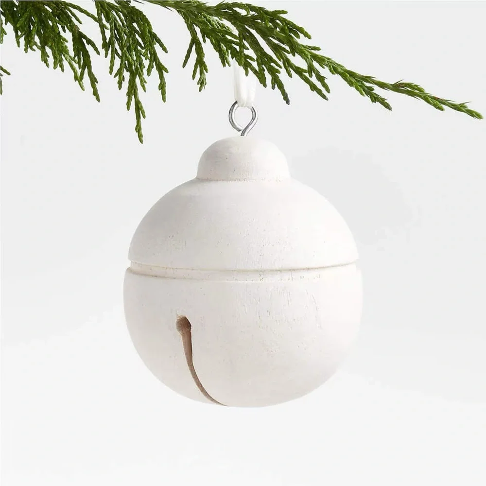 Crate&Barrel White Wood Jingle Bell Christmas Tree Ornament Set of 5
